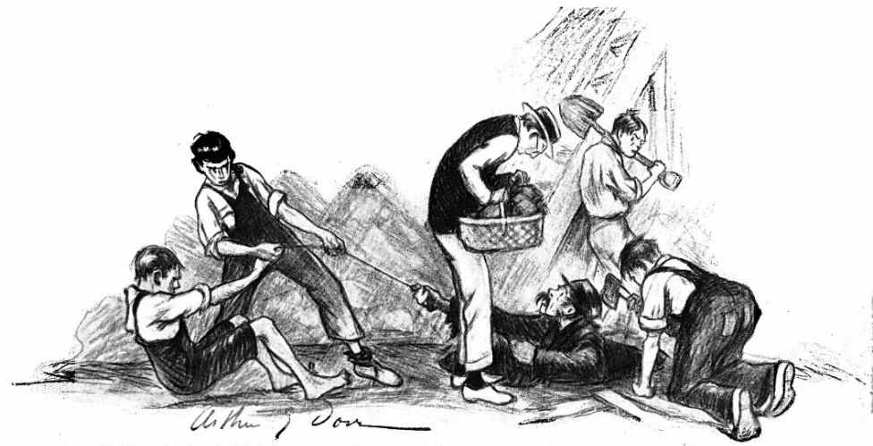 boys rescuing a man with a rope.