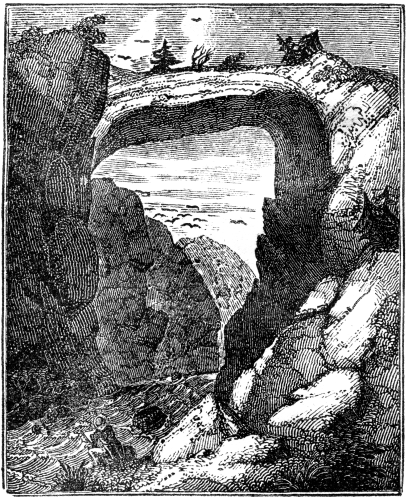 A rock formation in the form of a natural stone bridge, with a stream running underneath it.