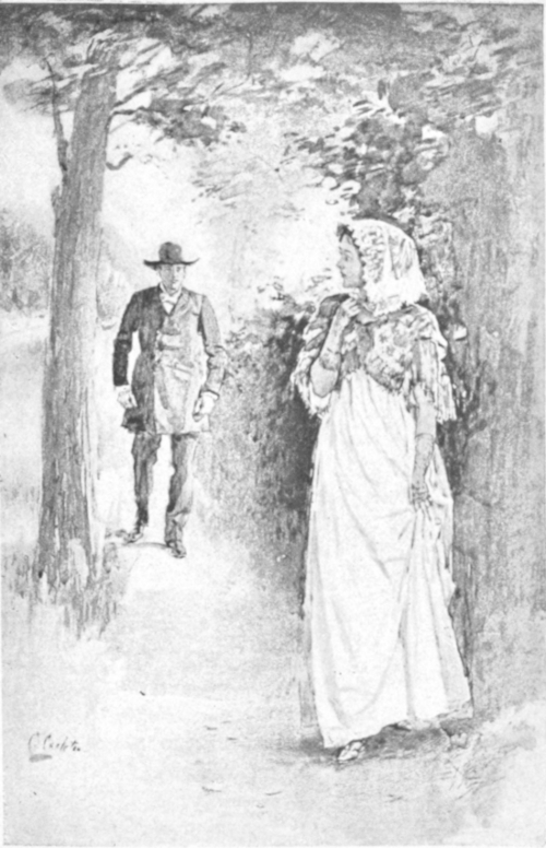 a young woman, dressed rather tightly and with a scarf around her
head is walking in a garden or forest,
She is followed by a man and she looks over her shoulder