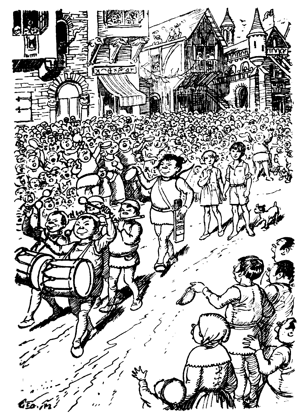 A drawing of two children and some snergs walking in a parade.