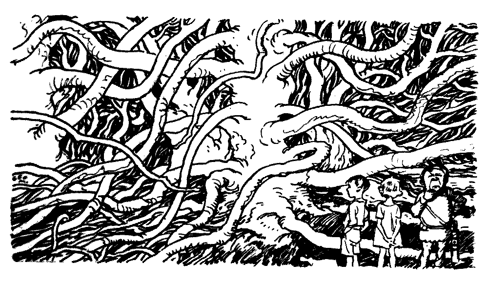 A drawing two children and a snerg in front a tree with many roots.