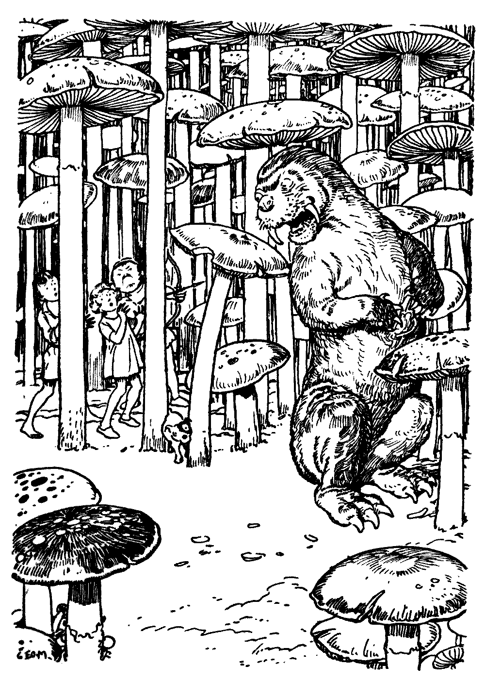 A drawing of two children and a snerg hiding from a walrus-like
creature in a mushroom forest.