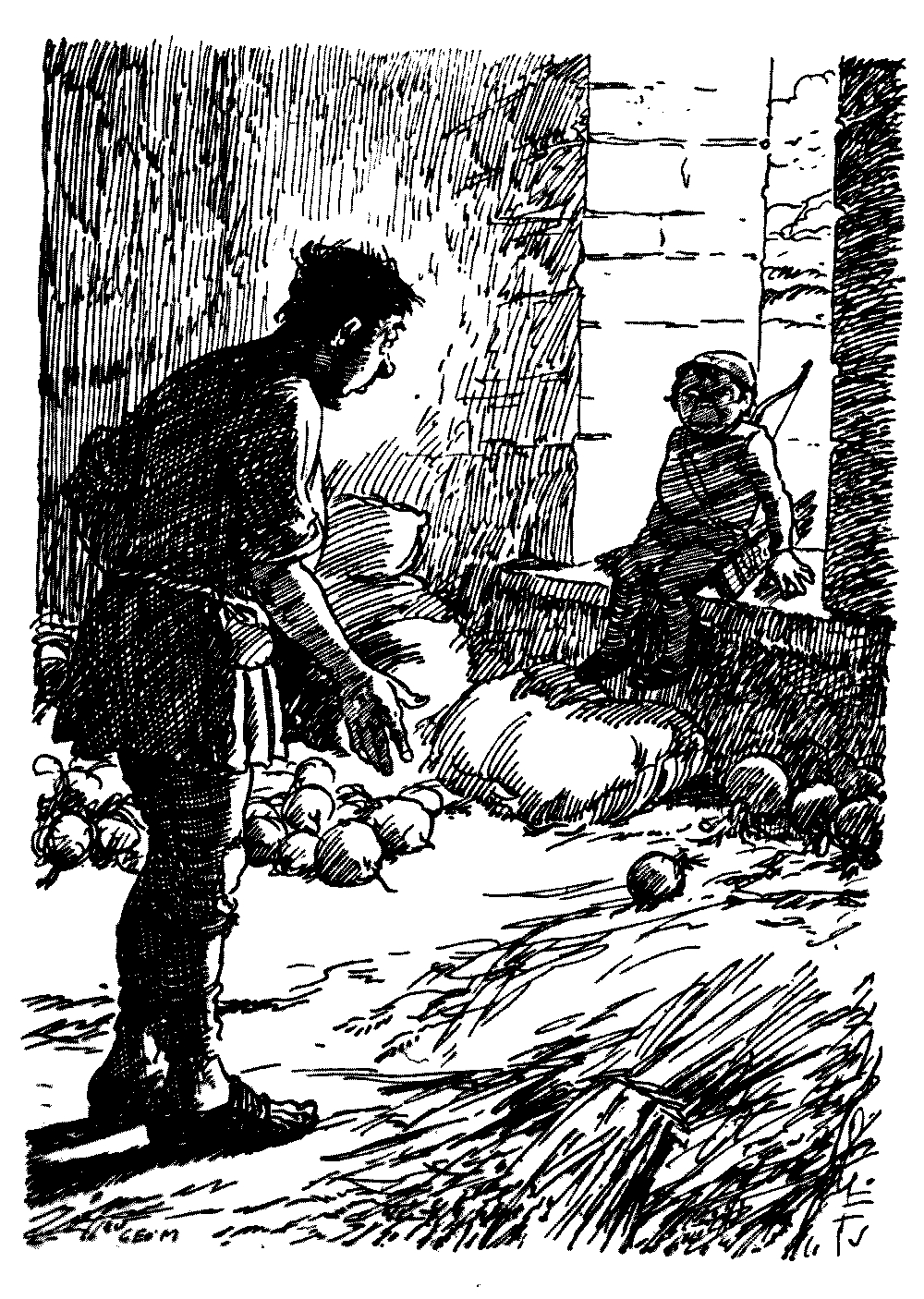 A drawing of a snerg sitting on a window pane and looking at
a man.