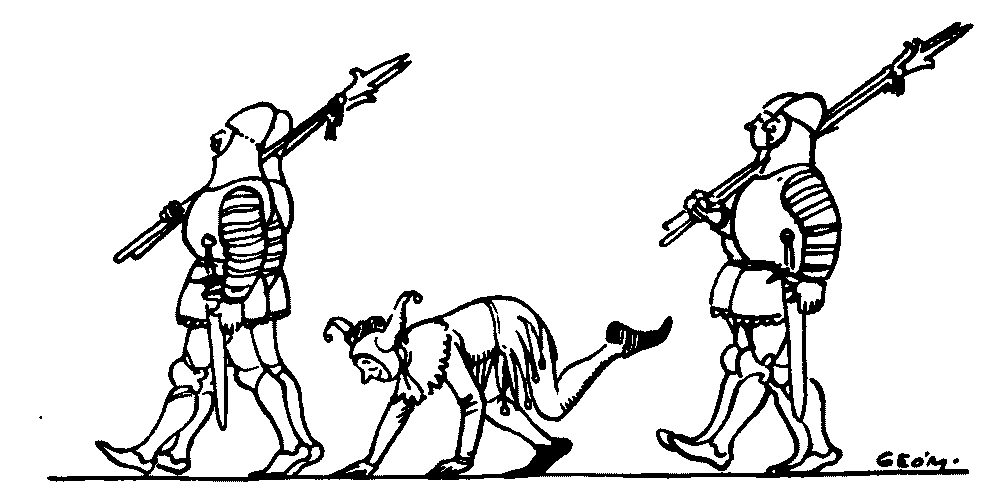 A drawing of a jester wlaking on all fours between two rows
of soldiers.