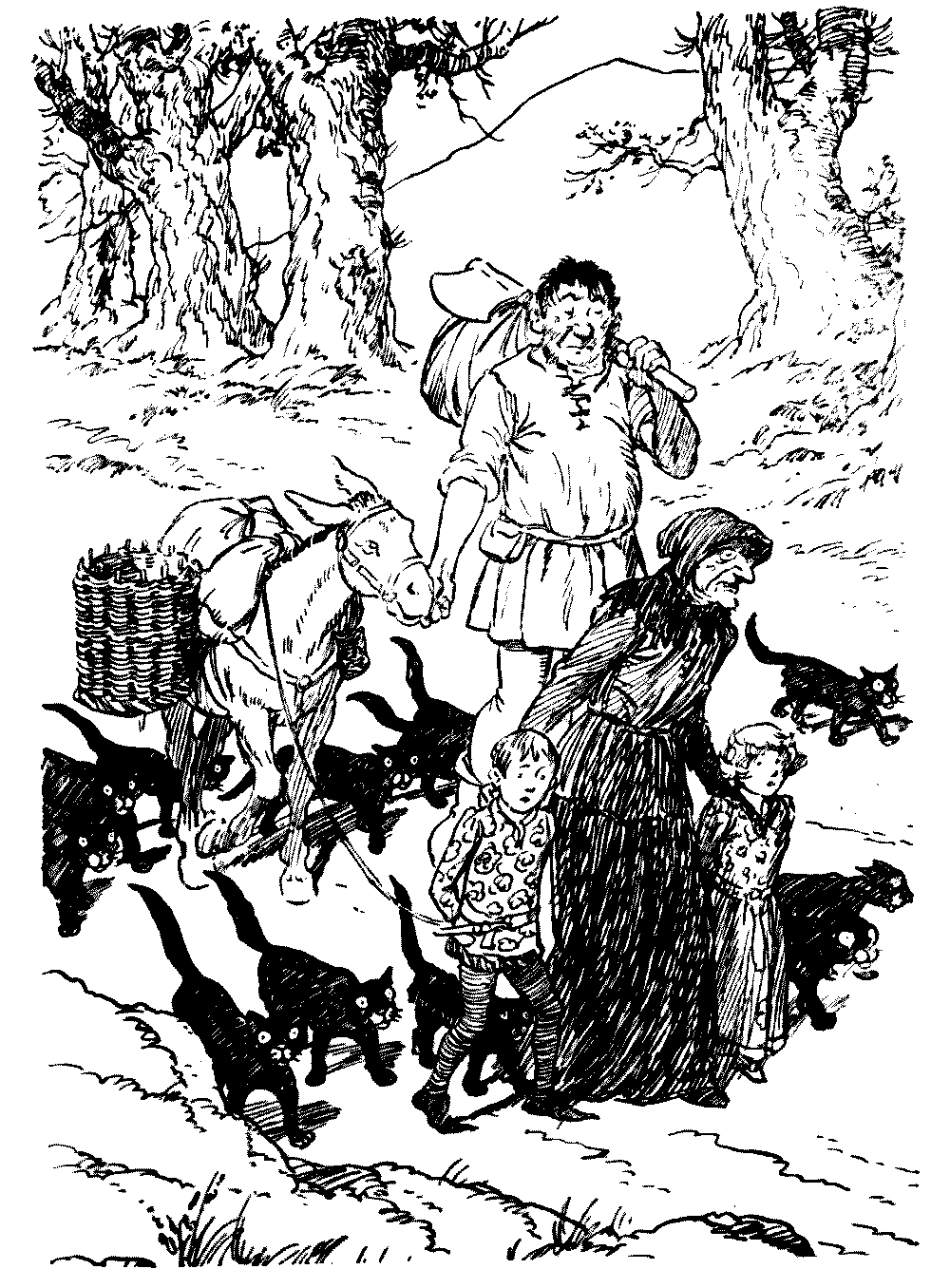 A drawing of a man and an old woman leading two children, tied to
a donkey.