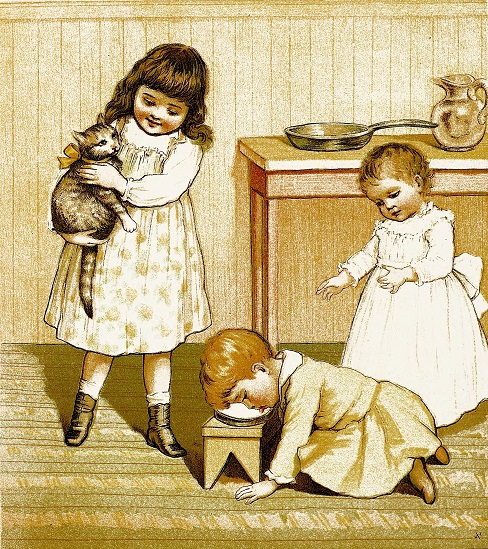Two children, one holding a cat, watch as a third
  pretends to be a cat lapping at the milk