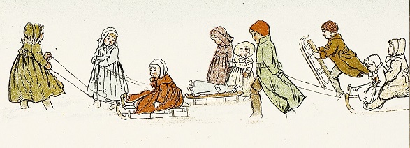 Children pulling other children seated in sleds
