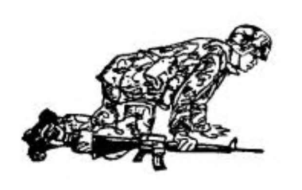 Sketch of a soldier in camouflage crawling on hands and knees holding a rifle with his right hand.