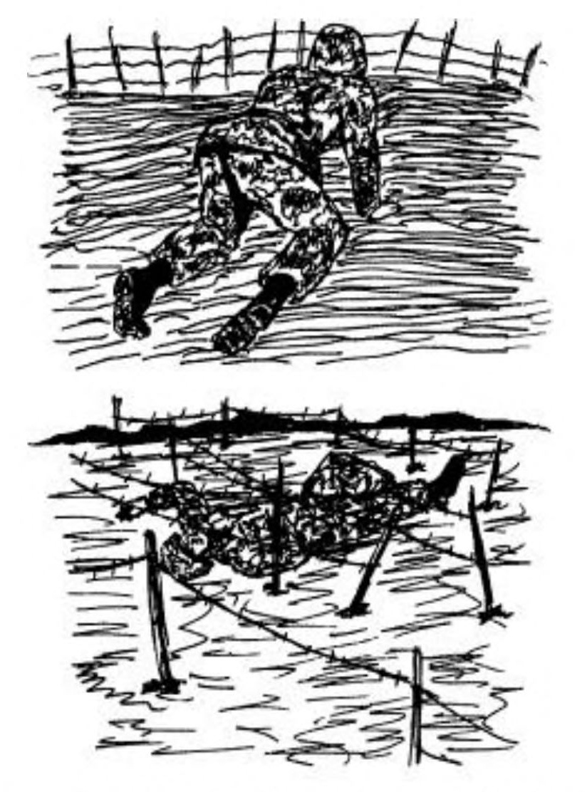 Two sketches of a soldier in camouflage. The upper sketch shows the soldier approaching a wire fence. The lower image shows the soldier crawling under a wire fence.