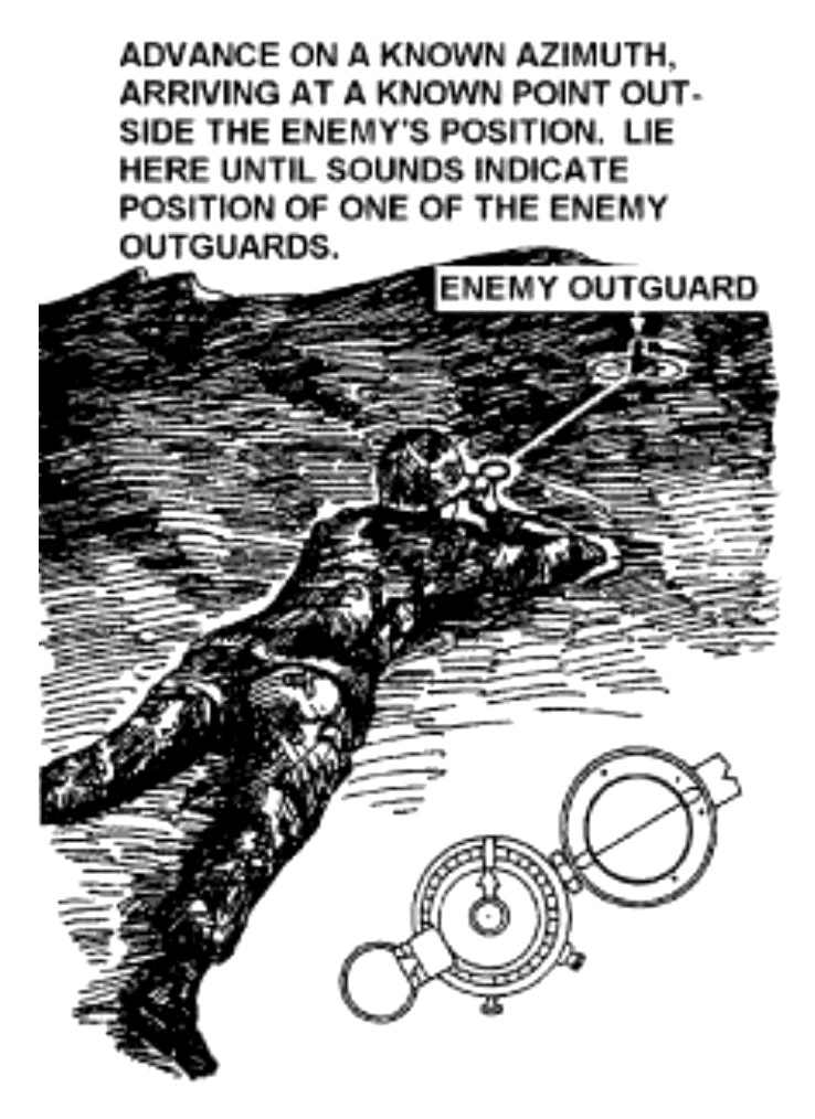 Sketch of a scout lying prone on the ground at a known point outside the enemy's position. He fixes his azimuth when sounds indicate the position of the enemy. In the lower right corner of the image is a sketch of a lensatic compass pointing in the same direction as the enemy outguard.