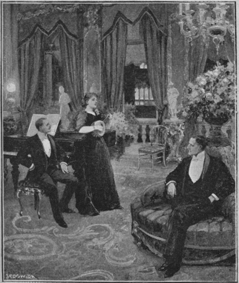 A man sat and a woman stood by a piano, while another man on a seat looked on